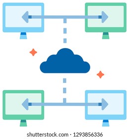 Computer and cloud sharing vector illustration in flat color design