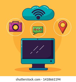 computer cloud storage camera chat location wifi free connection vector illustration
