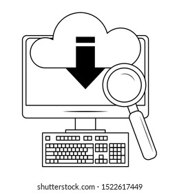 computer with cloud storage and magnifying glass icon over white background, vector illustration