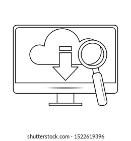 computer with cloud storage and magnifying glass icon over white background, vector illustration