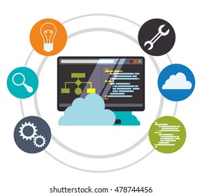 computer cloud tools wrench bulb lupe gears developer web responsive development website programming icon set. Colorful design. Vector illustration