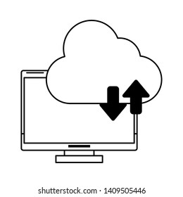 computer with cloud tranfer symbol icon cartoon vector illustration graphic design black and white