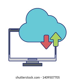 computer with cloud tranfer symbol icon cartoon vector illustration graphic design