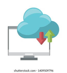 computer with cloud tranfer symbol icon cartoon vector illustration graphic design
