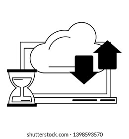 computer with cloud transfer and hourglass in black and white