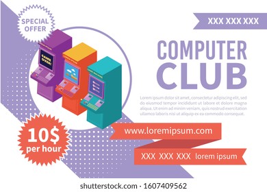 Computer club isometric banner with three colorful video slot machines 3d vector illustration