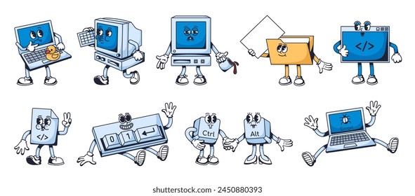 Computer code mascots. Programming characters, code file and terminal, binary keyboard, bug error, laptop and pc vector illustration set of mascot computer character cartoon design