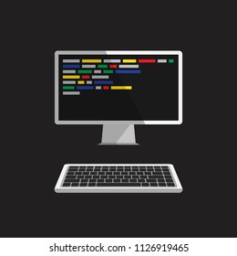 Computer with code on the screen on black background. Web developer, design, programming. Coding concept. Isolated vector illustration.