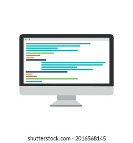 Ordenador con código en la pantalla sobre fondo azul. Concepto de codificación