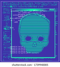 Computer code on a screen with a skull representing a computer virus, hack attack, malware and ransomware.