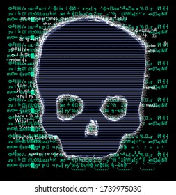 Computer code on a screen with a skull representing a computer virus, hack attack, malware and ransomware.