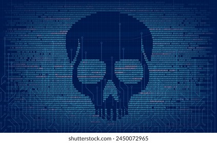 Computer code with a skull on the screen. Cybercrime and Internet virus. Stock vector illustration