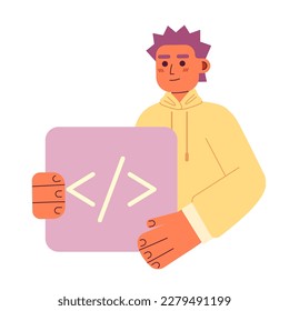 Computer coder job flat concept vector spot illustration. Editable 2D cartoon character on white for web design. Programmer. Software developer creative idea for website, mobile, magazine
