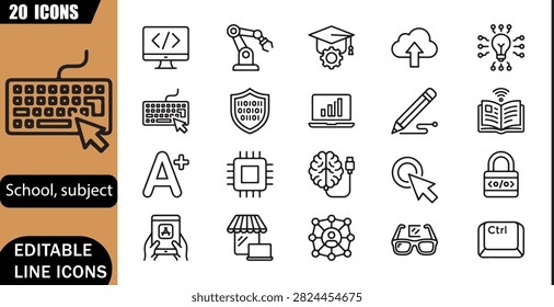Computer coding icons set, 20 editable line art icons set, programming, technology, digital education, coding skills, classroom, innovation, software learning theme style, clean outline vector