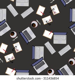 Computer ,coffee Cup, business records, and schedules for business. Seamless pattern.