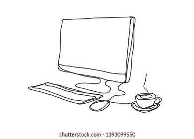 computer and coffee cup ,line drawing style, , vector design