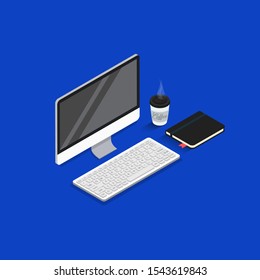 Computer, coffee cup and notebook. Isometric illustration. Vector