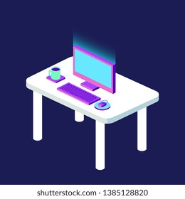 Computer and coffee on desk neon isometric blurred vector digital image illustration