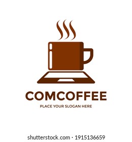 Computer coffee vector logo template. This design use laptop symbol. Suitable for work from home.