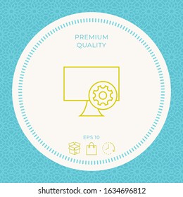 Computer with cogwheel - installation, settings, technical support, payment - line icon
