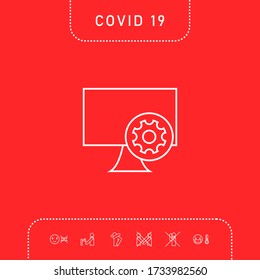 Computer with cogwheel - installation, settings, technical support, payment - line icon
