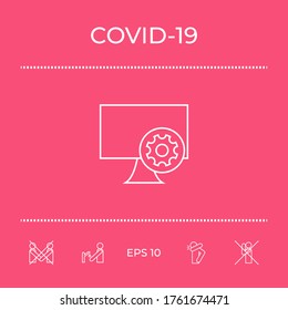 Computer with cogwheel - installation, settings, technical support, payment - line icon