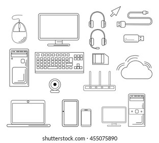 Computer collection. Technology and computers icon set suitable for info graphics. Simplus series icon set. Network and mobile devices. Mouse for the computer the keyboard the USB stick a router.