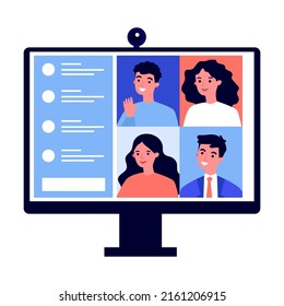 Computer for collective virtual meeting and group video conference. Man at desktop chatting with friends online