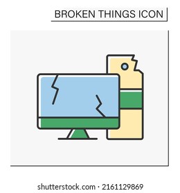 Computer Color Icon. Destroyed Electronic Devices. Smashed Computer Screen. Vandalism, Chaos. Broken Things Concept. Isolated Vector Illustration