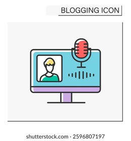 Computer color icon. Recording voice by microphone. Content for subscribers.Blogging concept. Isolated vector illustration