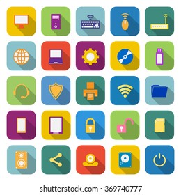 Computer color icons with long shadow on white background