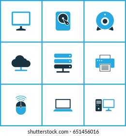 Computer Colorful Icons Set. Collection Of Control, Network, Storage And Other Elements. Also Includes Symbols Such As Disk, Camera, Computer.
