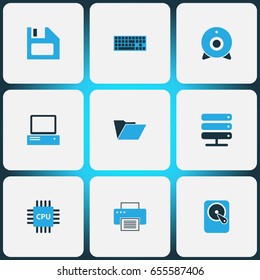 Computer Colorful Icons Set. Collection Of Print, Network, Winchester And Other Elements. Also Includes Symbols Such As Microprocessor, Personal, Cpu.