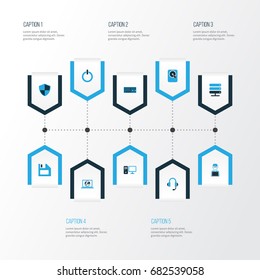 Computer Colorful Icons Set. Collection Of Computer, Earphones, Laptop And Other Elements. Also Includes Symbols Such As Headphone, Network, Computer.