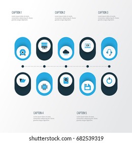 Computer Colorful Icons Set. Collection Of Power, Storage, Connection And Other Elements. Also Includes Symbols Such As Earphones, Headphone, Start.