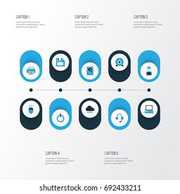 Computer Colorful Icons Set. Collection Of Power, PC, Laptop And Other Elements. Also Includes Symbols Such As Power, Peripheral, Button.