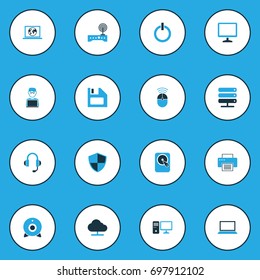 Computer Colorful Icons Set. Collection Of Network, Floppy Disk, Camera And Other Elements. Also Includes Symbols Such As Shield, Hard, Man.