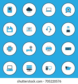 Computer Colorful Icons Set. Collection Of Modem, Floppy Disk, Earphones And Other Elements. Also Includes Symbols Such As Microprocessor, Personal, Floppy.