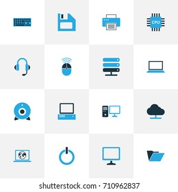 Computer Colorful Icons Set. Collection Of Microprocessor, Power, Floppy Disk And Other Elements. Also Includes Symbols Such As Power, Personal, Network.