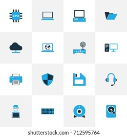Computer Colorful Icons Set. Collection Of Computer, File, Earphones And Other Elements. Also Includes Symbols Such As Man, Cloud, Keypad.