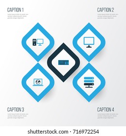 Computer Colorful Icons Set. Collection Of Display, Computer, Network And Other Elements. Also Includes Symbols Such As Network, Keyboard, Computer.