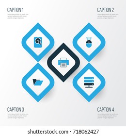 Computer Colorful Icons Set. Collection Of Network, Control, Print And Other Elements. Also Includes Symbols Such As Mouse, Drive, Folder.