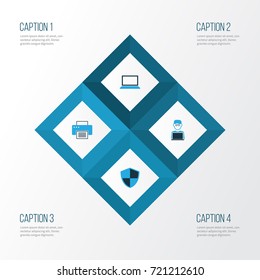 Computer Colorful Icons Set. Collection Of Notebook, Print, Laptop And Other Elements. Also Includes Symbols Such As Printer, Shield, Computer.