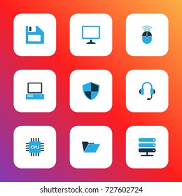 Computer Colorful Icons Set. Collection Of File, PC, Microprocessor And Other Elements. Also Includes Symbols Such As Computer, Display, Disk.