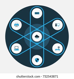 Computer Colorful Icons Set. Collection Of Computer, Modem, Firewall And Other Elements. Also Includes Symbols Such As Router, Wifi, Firewall.