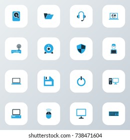 Computer Colorful Icons Set. Collection Of Notebook, Display, Camera And Other Elements. Also Includes Symbols Such As Start, Security, Earphones.