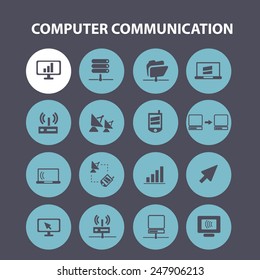 computer, communication, connection, internet icons, signs, illustrations set, vector