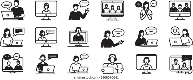 Computer Communication Icon Set with Video Chat, Call Center, Messaging Bubbles, and Remote Learning Silhouettes