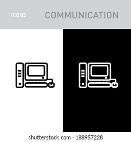 computer; communication icons isolated on white and black background