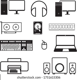 Computer component black icon set